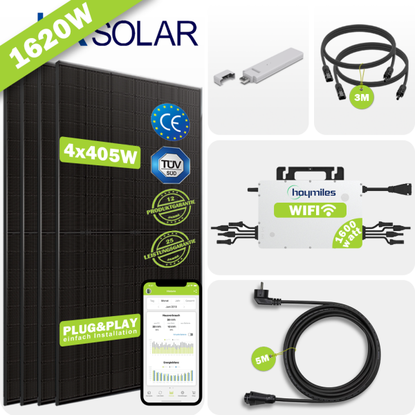 Balkonkraftwerk Solar-PV 1620WP/1600W – Mit JA Solar® 4x405Wp FULL BLACK Module und Hoymiles® HMS-1600-4T Mikro-Wechselrichter und Kabel